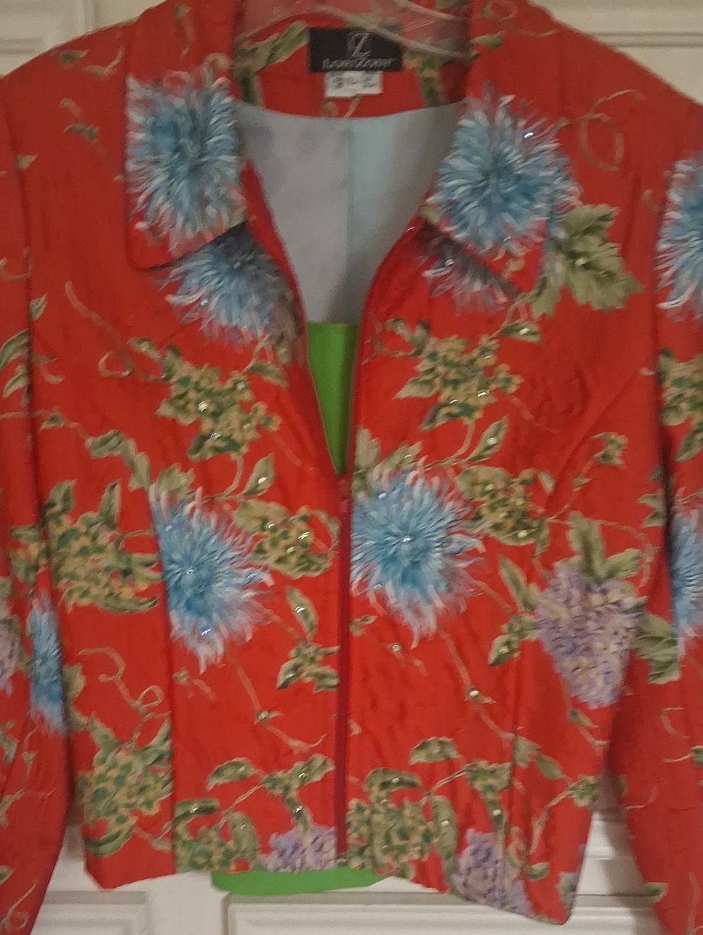 Women's Red Floral Quilted Button-Down Shirt Jacket - Embroidered Blue Accents